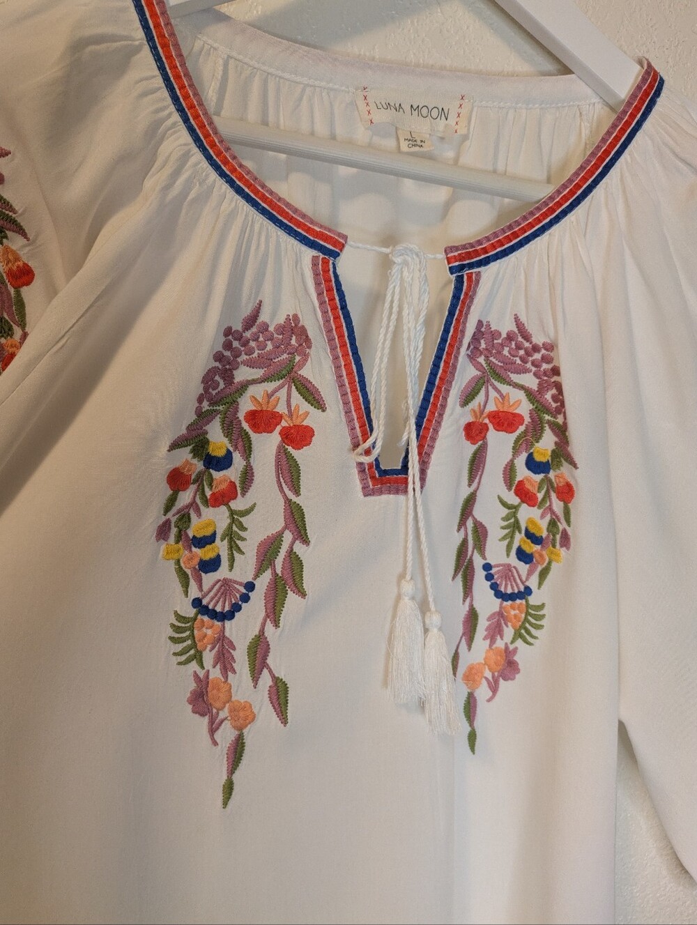 Luna Moon Embroidered Peasant Top with Colorful Floral Detail - Picture 5 of 8